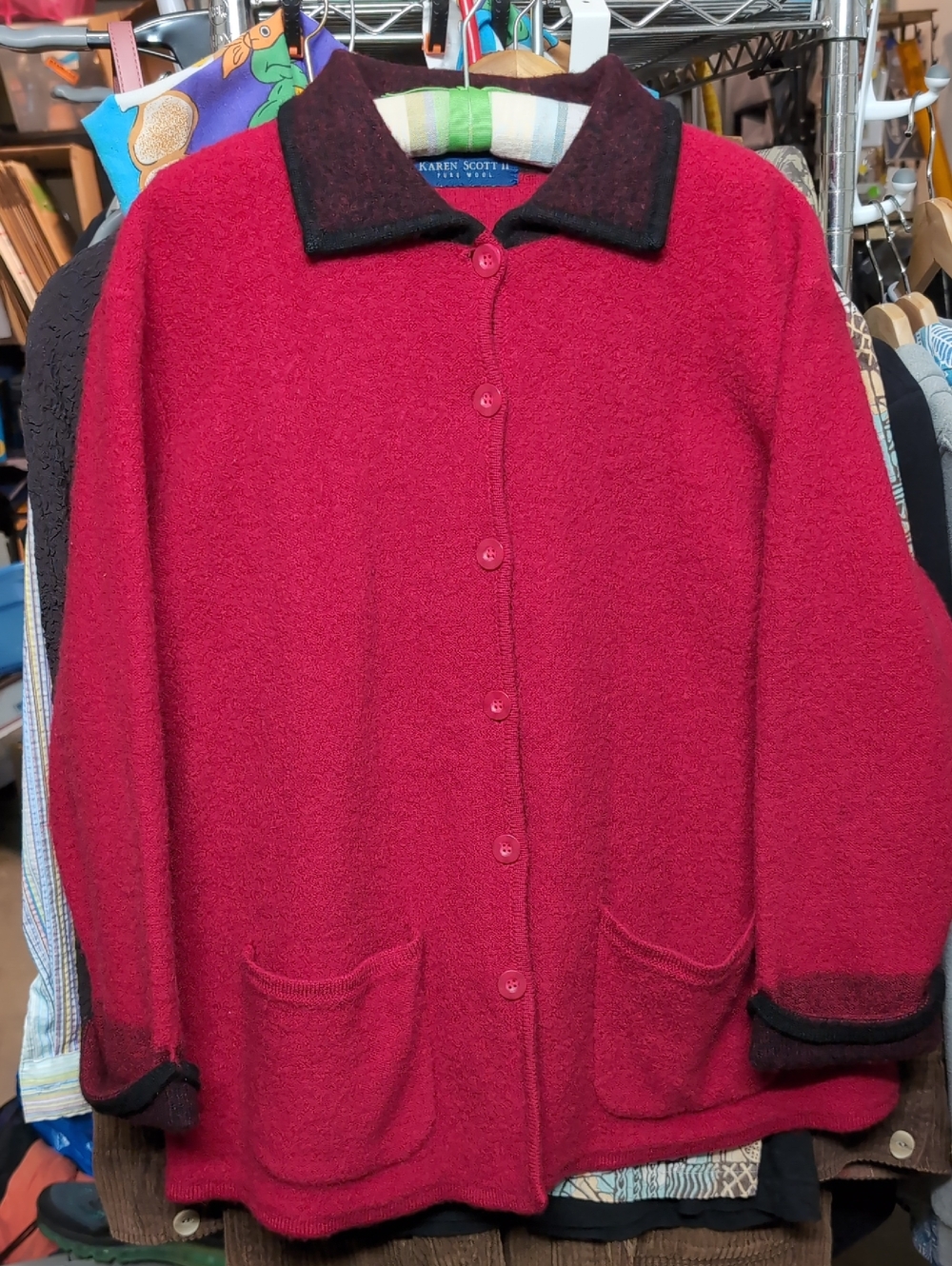 Vintage Karen Scott Berry Red Button-Front Cardigan with Black Trim Pure Wool 3x